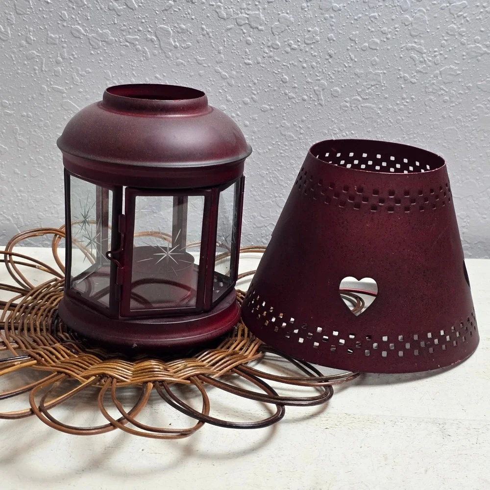 Rustic Burgundy Red Metal Heart Lantern Etched‎ Glass Tea Light Holder